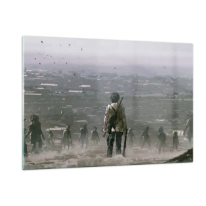 Quadro su vetro - Una figura con un fucile nello scenario oscuro di un gruppo in avvicinamento - 120x80cm - L'ultimo dei giusti? - Decorazione murale moderna per soggiorno e camera da letto ARTTOR