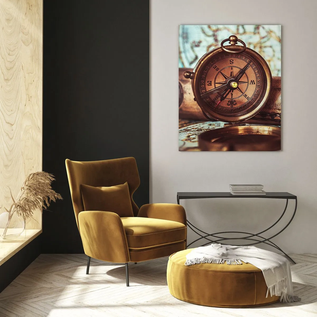 Quadro su vetro - Una bussola e una mappa antiche ambientate sullo sfondo di avventure piratesche - 50x70cm - Ti aspetta l'avventura dei pirati dei Caraibi - Decorazione murale moderna per soggiorno e camera da letto ARTTOR