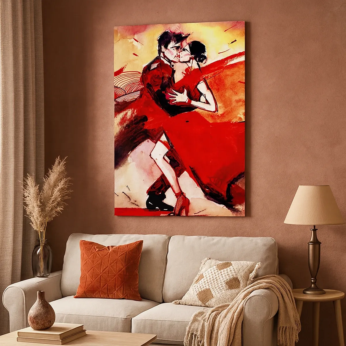 Quadro su tela - Stampe su Tela - Una coppia che balla il tango nei toni del rosso su uno sfondo dinamico. - 50x70cm - Il ritmo porpora della passione - Decorazione murale moderna per soggiorno e camera da letto ARTTOR