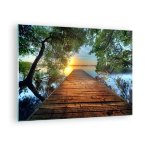 Quadro su vetro - Molo di legno sul lago al tramonto - 70x50cm - Non avere fretta, siediti - Decorazione murale moderna per soggiorno e camera da letto ARTTOR