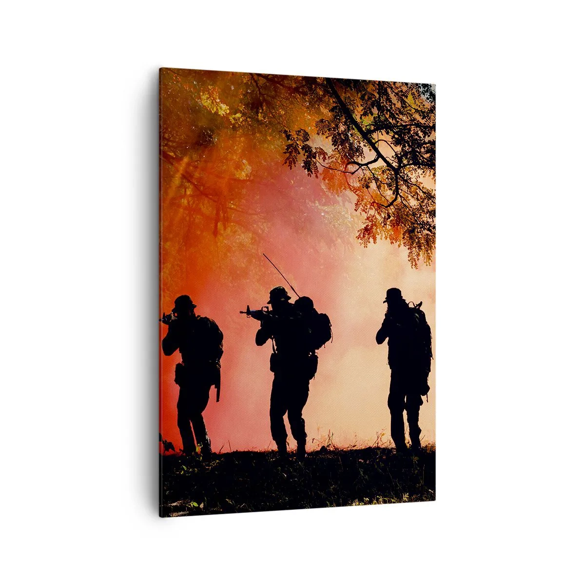Quadro su tela - Stampe su Tela - Sagome di soldati nella foresta contro il cielo arancione - 70x100cm - …Tutti per uno. - Decorazione murale moderna per soggiorno e camera da letto ARTTOR