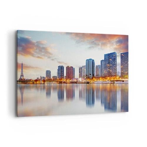 Quadro su tela - Stampe su Tela - Panorama di edifici moderni e della Torre Eiffel sull'acqua - 100x70cm - La pace monumentale di Parigi - Decorazione murale moderna per soggiorno e camera da letto ARTTOR
