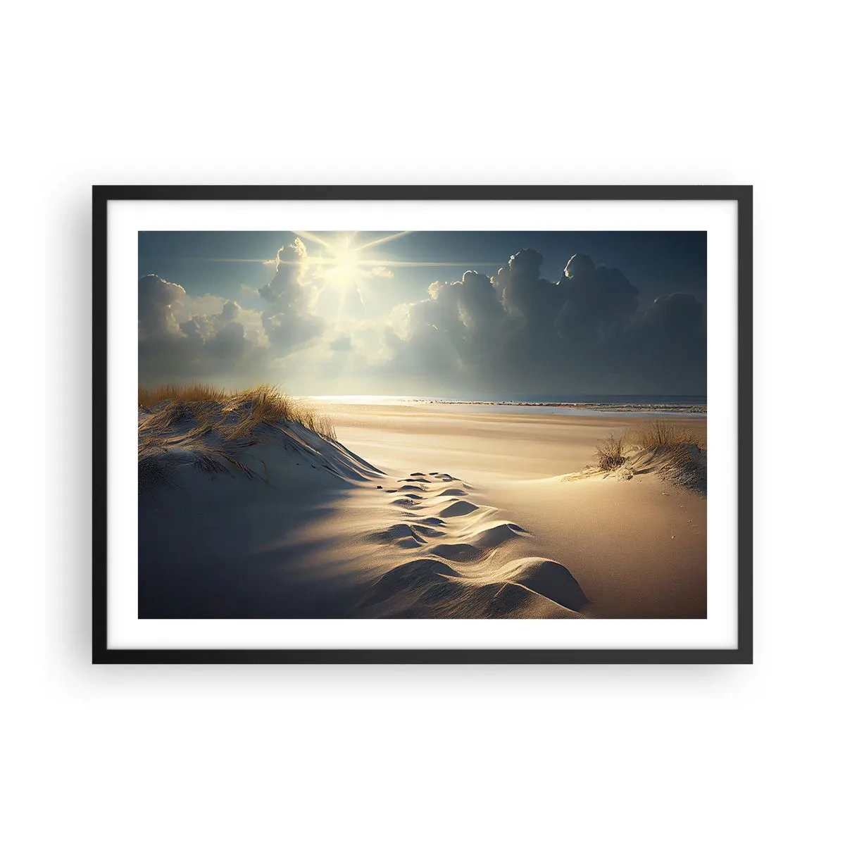 Poster in cornice nera - Dune dorate sulla spiaggia al tramonto con vista sul mare - 70x50cm - Paesaggio rilassante - Decorazione murale moderna per soggiorno e camera da letto ARTTOR