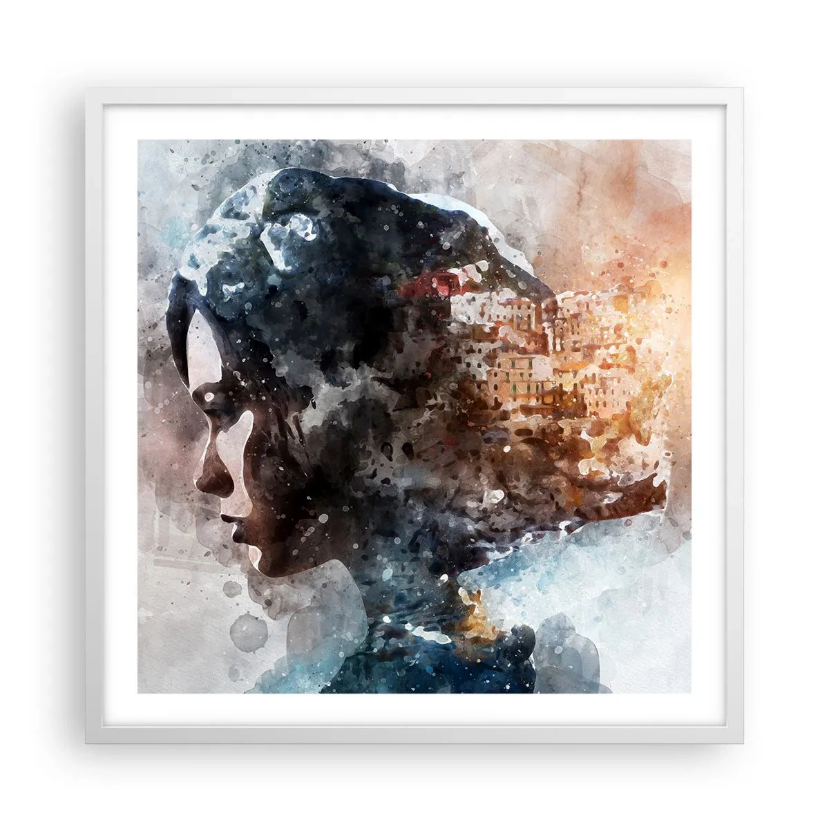 Poster in cornice bianca - Racconto su una ragazza con città sullo sfondo - 60x60 cm