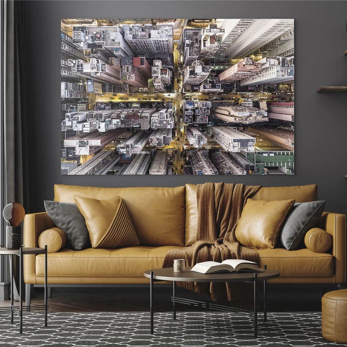 Quadro su vetro - Una vista a volo d'uccello della metropoli - 100x70cm - Saluti da Hong Kong - Decorazione murale moderna per soggiorno e camera da letto ARTTOR