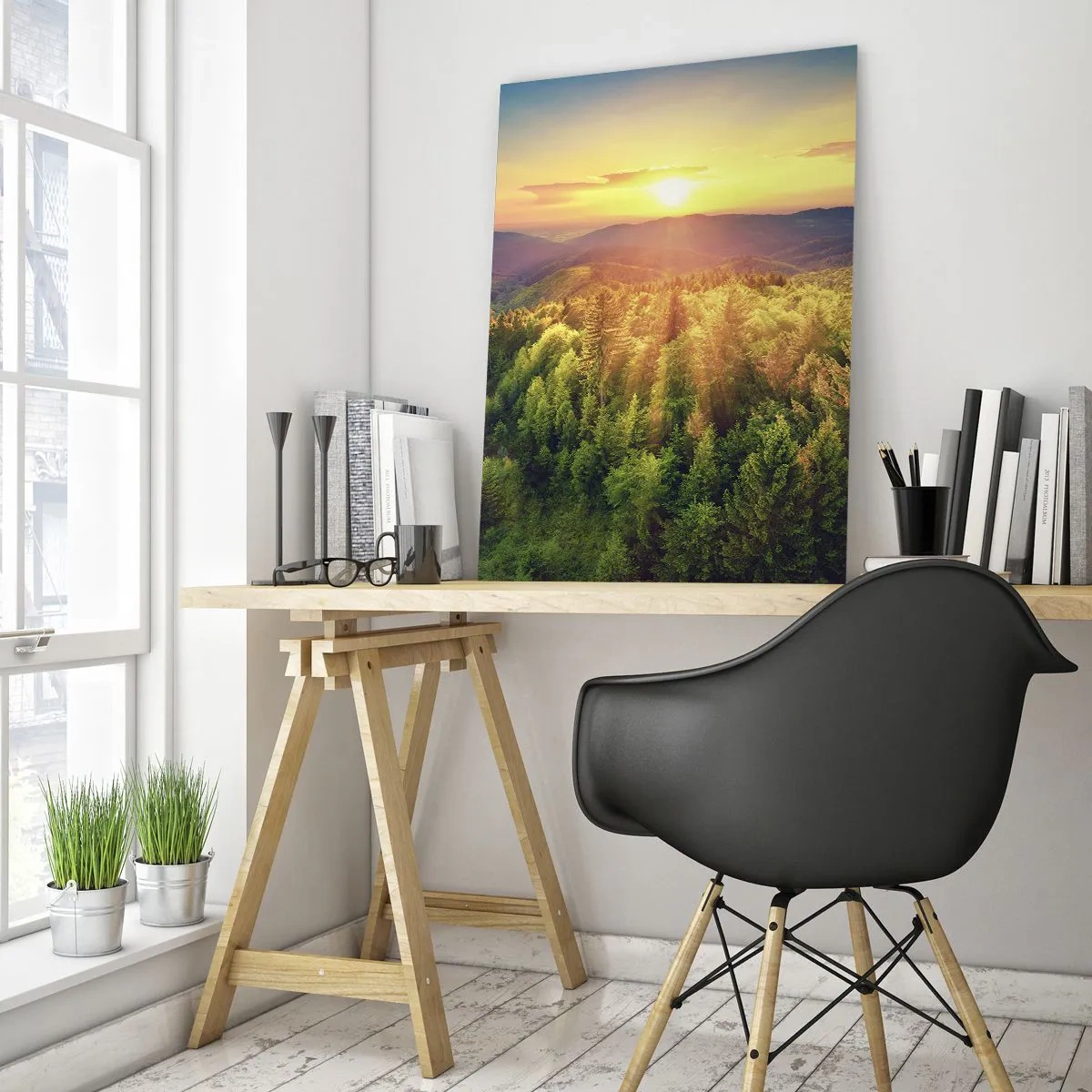 Quadro su vetro - Paesaggio forestale con tramonto sulle colline - 80x120cm - Vette e cime - Decorazione murale moderna per soggiorno e camera da letto ARTTOR