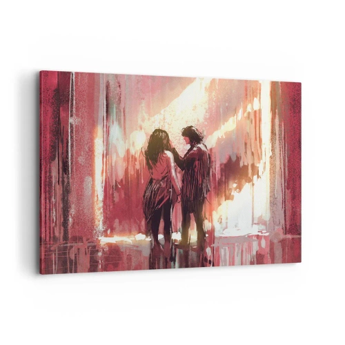 Quadro su tela - Stampe su Tela - Una coppia in piedi, illuminata da una luce calda, su uno sfondo di motivi astratti. - 100x70cm - L'eterno spettacolo dell'amore - Decorazione murale moderna per soggiorno e camera da letto ARTTOR