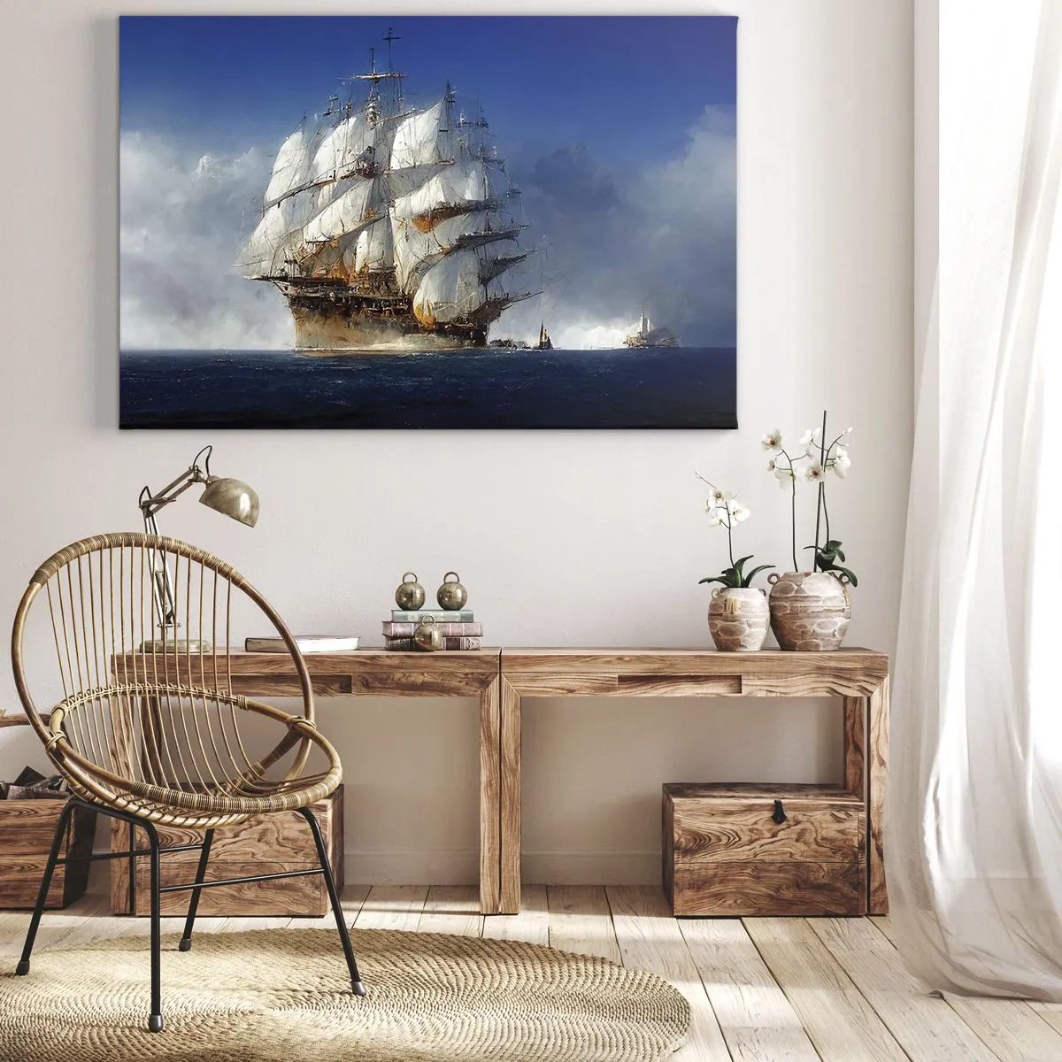 Quadro su tela - Stampe su Tela - Una nave a vela in mare aperto sotto un cielo azzurro - 70x50cm - The great glory! - Decorazione murale moderna per soggiorno e camera da letto ARTTOR
