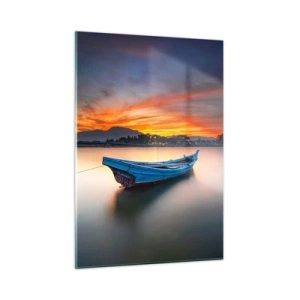 Quadro su vetro - Barca di legno sul lago al tramonto - 50x70cm - Viene una notte buona - Decorazione murale moderna per soggiorno e camera da letto ARTTOR