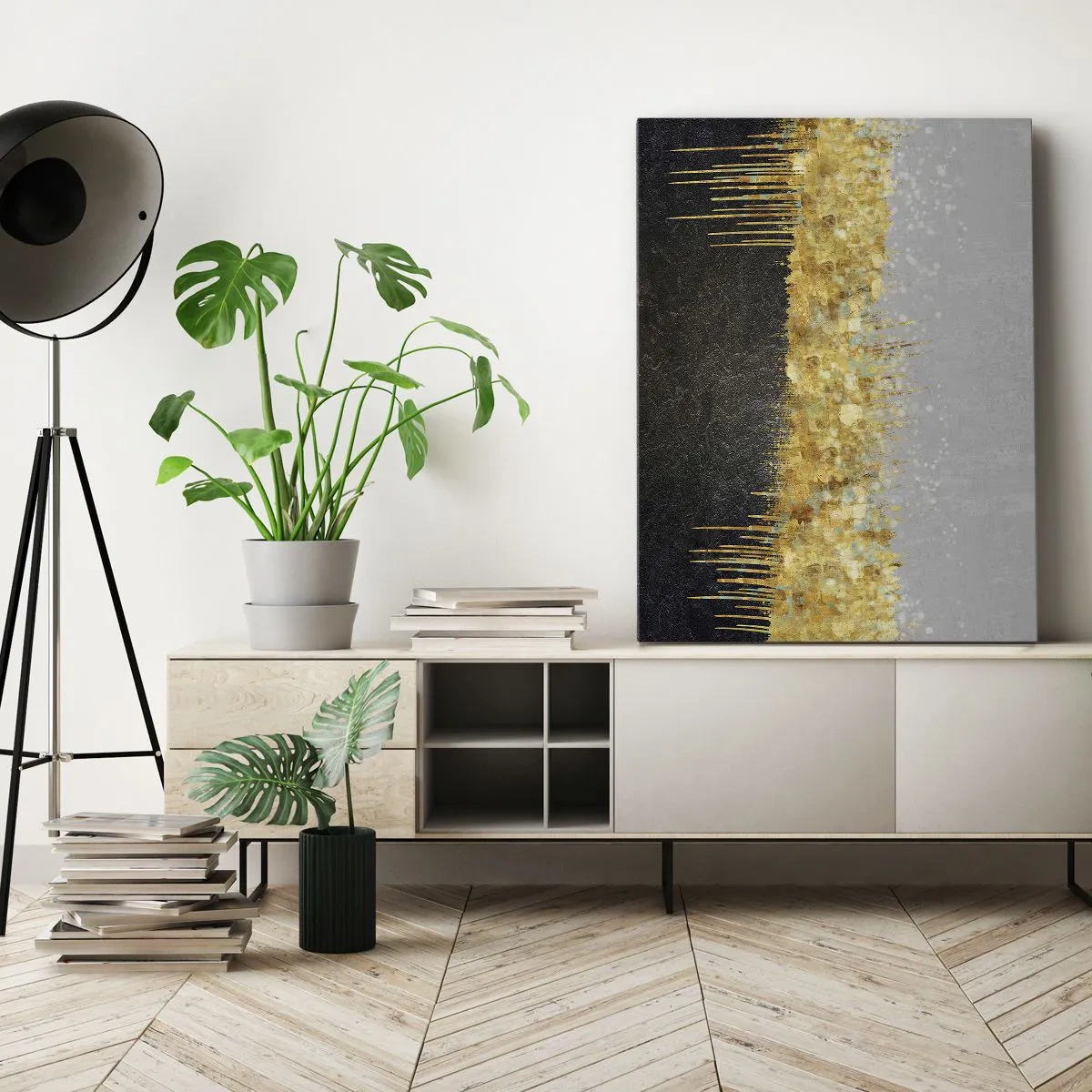 Quadro su tela - Stampe su Tela - Composizione astratta nei toni dell'oro e del nero - 50x70cm - Nel profondo e verso l'alto - Decorazione murale moderna per soggiorno e camera da letto ARTTOR