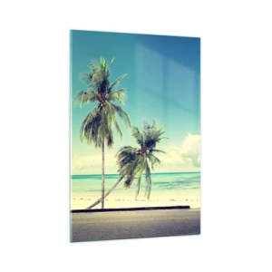 Quadro su vetro - Un furgone rosa con una tavola da surf sullo sfondo di una spiaggia tropicale. - 70x100cm - Tempo di vacanze - Decorazione murale moderna per soggiorno e camera da letto ARTTOR