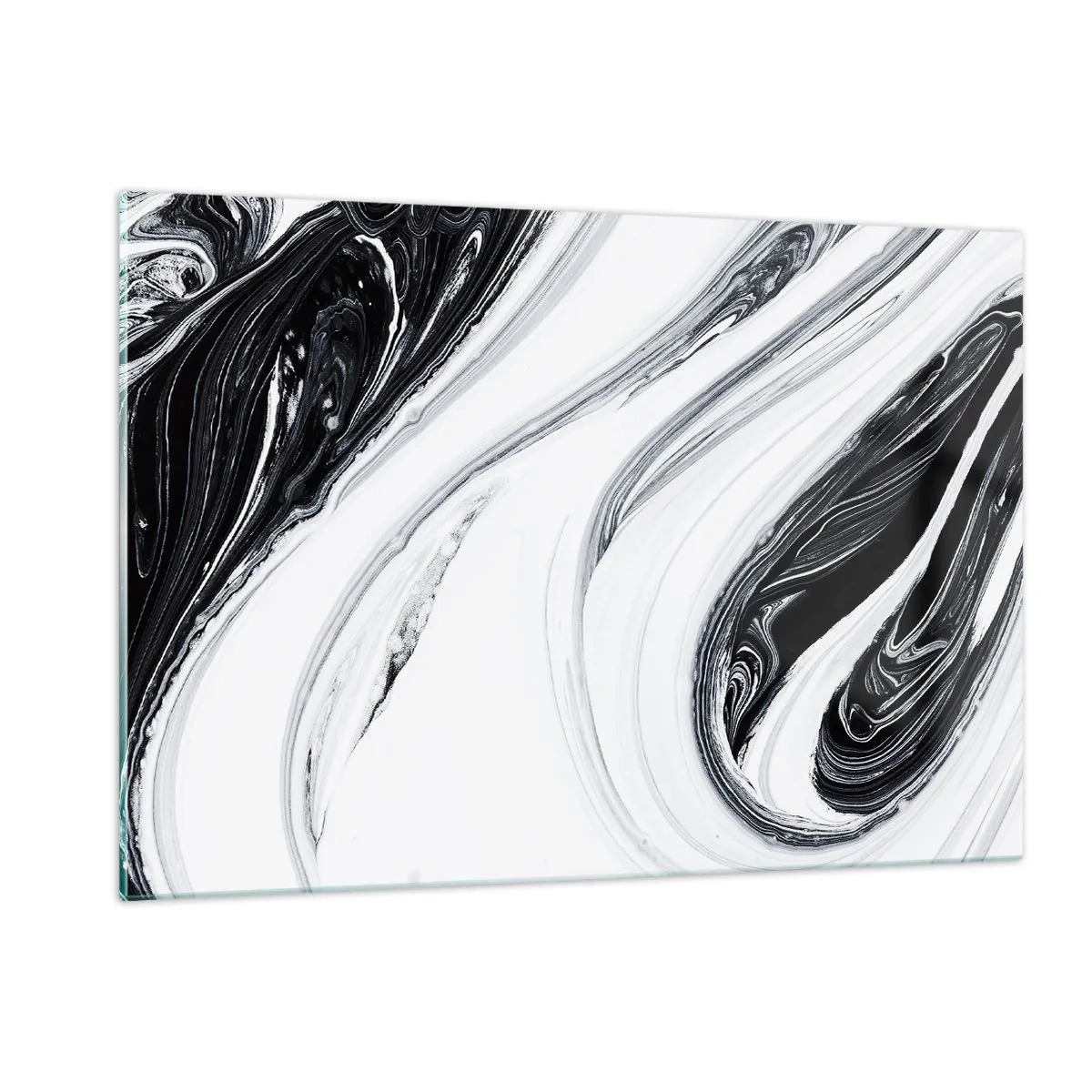 Quadro su vetro - Linee vorticose in bianco e nero che ricordano il marmo in uno stile astratto - 120x80cm - L'unione degli opposti - Decorazione murale moderna per soggiorno e camera da letto ARTTOR