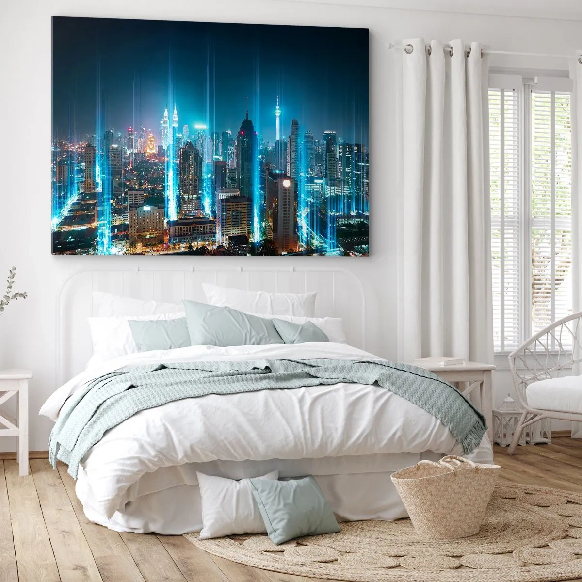 Quadro su tela - Stampe su Tela - Una città moderna di notte con accenti di illuminazione futuristici. - 70x50cm - Da Berlino al cielo - Decorazione murale moderna per soggiorno e camera da letto ARTTOR