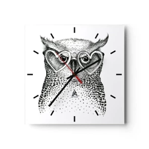 Orologio da parete - Orologio in Vetro - Grafica elegante di un gufo che indossa occhiali a forma di cuore - 30x30cm - Saggiamente e con amore - Decorazione murale moderna per soggiorno e camera da letto ARTTOR