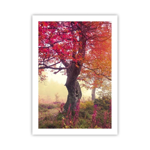 Poster - Un albero con foglie rosse in un paesaggio autunnale - 50x70cm - L'esplosione della fioritura - Decorazione murale moderna per soggiorno e camera da letto ARTTOR