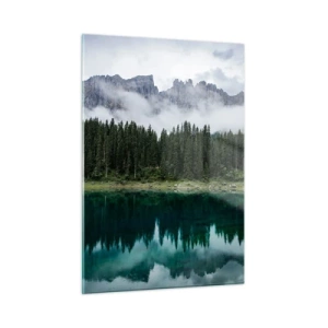 Quadro su vetro - Paesaggio montano con lago e foresta riflessi nell'acqua - 50x70cm - Silenzio, non svegliamo l'acqua che dorme... - Decorazione murale moderna per soggiorno e camera da letto ARTTOR