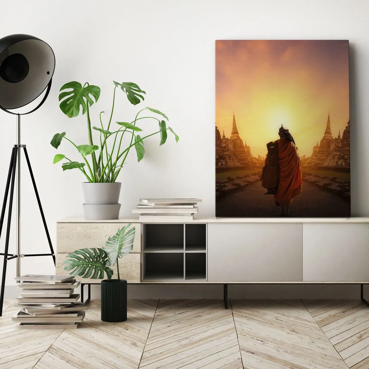 Quadro su tela - Stampe su Tela - Un monaco tra i templi al tramonto - 50x70cm - In pace per l'eternità - Decorazione murale moderna per soggiorno e camera da letto ARTTOR