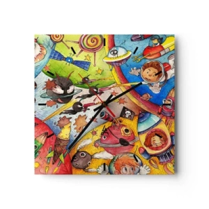 Orologio da parete - Orologio in Vetro - Una scena spaziale colorata piena di bambini e astronavi - 30x30cm - La grande avventura nel cosmo - Decorazione murale moderna per soggiorno e camera da letto ARTTOR