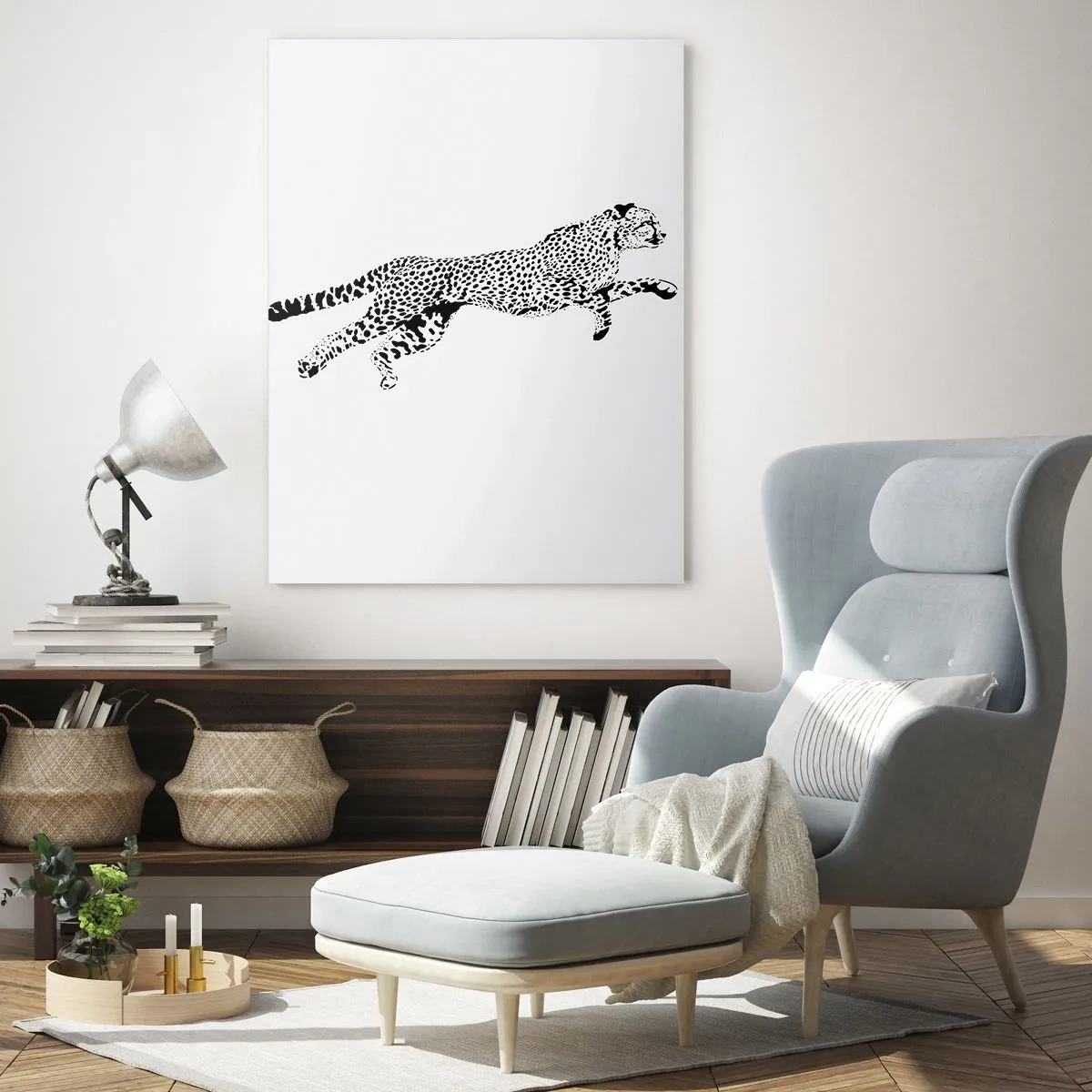 Quadro su vetro - Illustrazione di un ghepardo che salta - 50x70cm - Il più veloce sulla Terra - Decorazione murale moderna per soggiorno e camera da letto ARTTOR