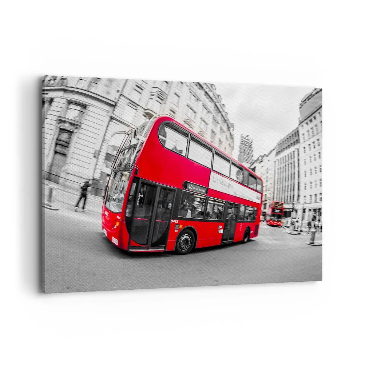 Quadro su tela - Stampe su Tela - Un autobus rosso di Londra contro una strada bianca e nera - 120x80cm - Londra tradizionalmente: by bus - Decorazione murale moderna per soggiorno e camera da letto ARTTOR