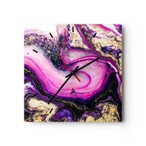 Orologio da parete - Orologio in Vetro - Onde astratte nei toni del viola e dell'oro - 30x30cm - Un attimo dietro le quinte - Decorazione murale moderna per soggiorno e camera da letto ARTTOR