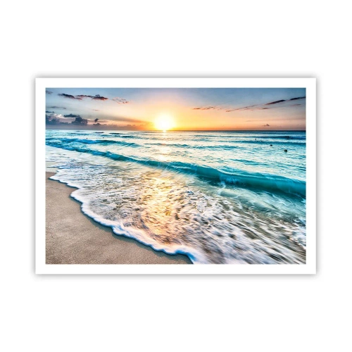 Poster - Alba su una spiaggia tranquilla con onde - 100x70cm - Tramonto sul mare - Decorazione murale moderna per soggiorno e camera da letto ARTTOR