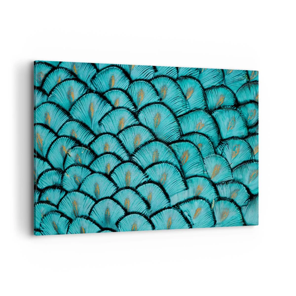 Quadro su tela - Stampe su Tela - Un motivo che ricorda le squame turchesi con accenti dorati - 100x70cm - La grande festa delle piume - Decorazione murale moderna per soggiorno e camera da letto ARTTOR