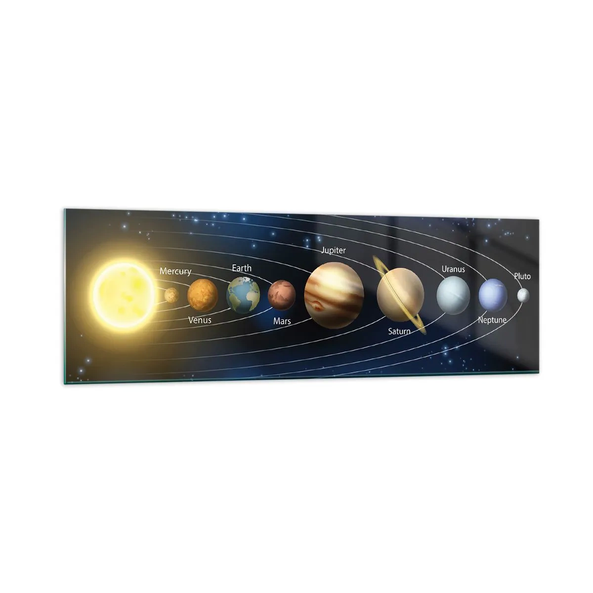 Quadro su vetro - Schema del sistema solare con pianeti e sole - 160x50cm - Uno su dieci - Decorazione murale moderna per soggiorno e camera da letto ARTTOR