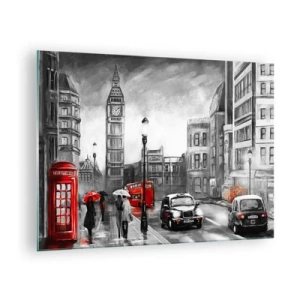 Quadro su vetro - Il Big Ben e le strade di Londra con accenti rossi su sfondo grigio - 70x50cm - Una città per niente grigia - Decorazione murale moderna per soggiorno e camera da letto ARTTOR