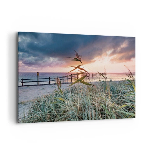 Quadro su tela - Stampe su Tela - Spiaggia al tramonto con erba in primo piano - 120x80cm - Non andrà via col vento - Decorazione murale moderna per soggiorno e camera da letto ARTTOR