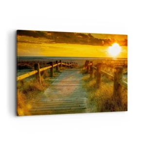Quadro su tela - Stampe su Tela - Un sentiero in legno che conduce alla spiaggia al chiarore del sole al tramonto - 100x70cm - Immerse nell'oro vecchio - Decorazione murale moderna per soggiorno e camera da letto ARTTOR