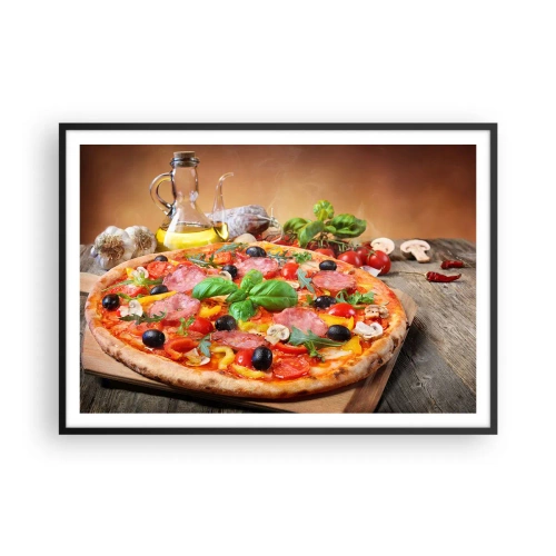 Poster in cornice nera - Pizza appetitosa su un tavolo di legno con condimenti - 100x70cm - Con gusto veramente italiano - Decorazione murale moderna per soggiorno e camera da letto ARTTOR