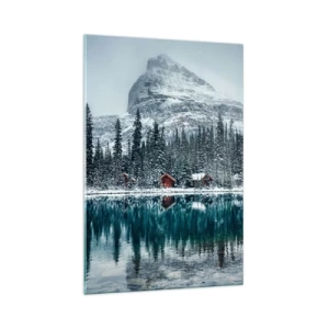 Quadro su vetro - Paesaggio invernale con cottage nella foresta vicino a un lago ghiacciato - 70x100cm - Rifugio canadese - Decorazione murale moderna per soggiorno e camera da letto ARTTOR