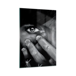 Quadro su vetro - Ritratto in bianco e nero di una donna che si copre il viso con le mani. - 80x120cm - Non dico chi l'ha dipinto - Decorazione murale moderna per soggiorno e camera da letto ARTTOR