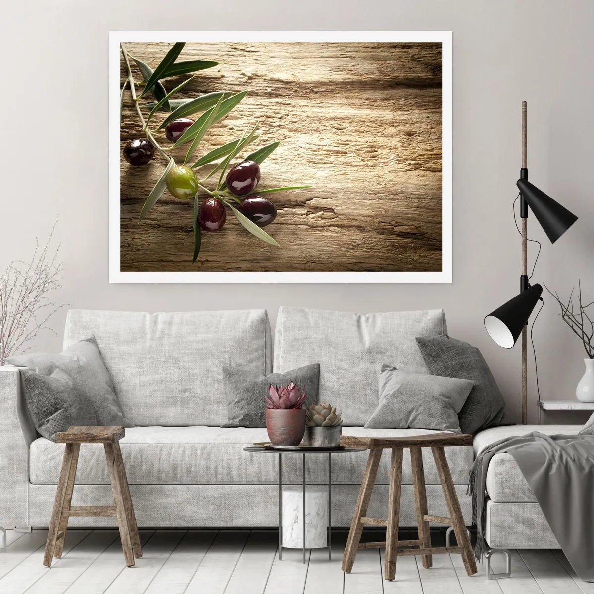 Poster - Ramo d'ulivo con frutta su uno sfondo di legno invecchiato - 100x70cm - Direttamente dalla natura - Decorazione murale moderna per soggiorno e camera da letto ARTTOR