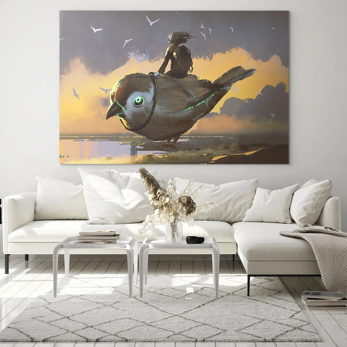 Quadro su vetro - Una figura su un uccello gigante alla luce del sole al tramonto - 70x50cm - La sosta di un viaggio fantastico - Decorazione murale moderna per soggiorno e camera da letto ARTTOR