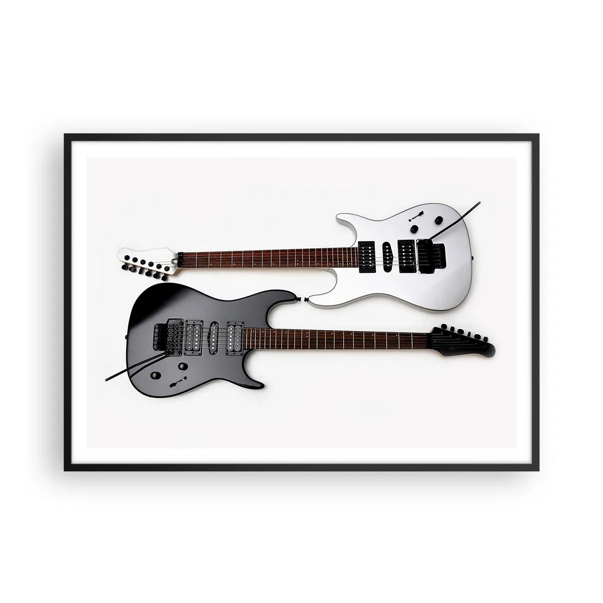 Poster in cornice nera - Due chitarre elettriche in bianco e nero su uno sfondo chiaro. - 100x70cm - Armonia delle forme - Decorazione murale moderna per soggiorno e camera da letto ARTTOR