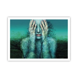 Poster - Una figura femminile con un motivo ad albero su uno sfondo paesaggistico turchese - 100x70cm - Immersa nel blu - Decorazione murale moderna per soggiorno e camera da letto ARTTOR