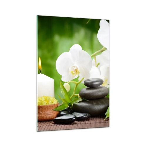 Quadro su vetro - Spa con orchidee, pietre e candele su uno sfondo verde - 50x70cm - Tocco delicato, fragrante, floreale - Decorazione murale moderna per soggiorno e camera da letto ARTTOR