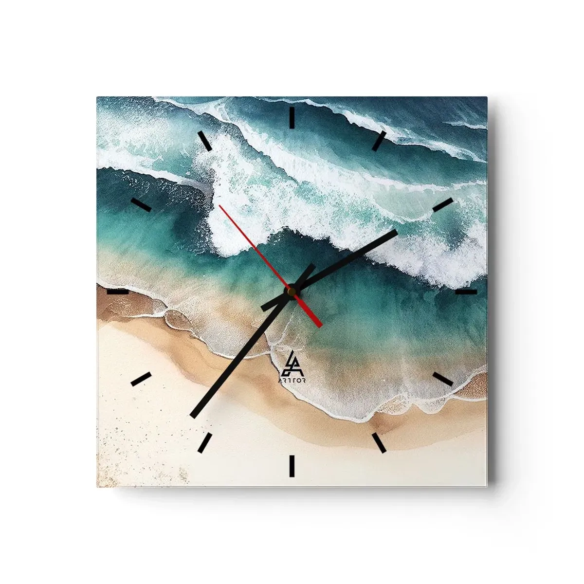 Orologio da parete - Orologio in Vetro - Vista della spiaggia e delle onde del mare nelle tonalità del turchese - 30x30cm - L'eterno incontro - Decorazione murale moderna per soggiorno e camera da letto ARTTOR