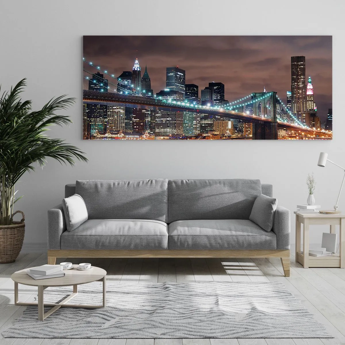 Quadro su vetro - Il ponte illuminato di notte sullo sfondo del panorama della città moderna - 120x50cm - Le luci della grande città - Decorazione murale moderna per soggiorno e camera da letto ARTTOR