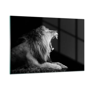 Quadro su vetro - Ritratto in bianco e nero di un leone che ruggisce contro un'ombra - 120x80cm - Senza alcun dubbio - Decorazione murale moderna per soggiorno e camera da letto ARTTOR