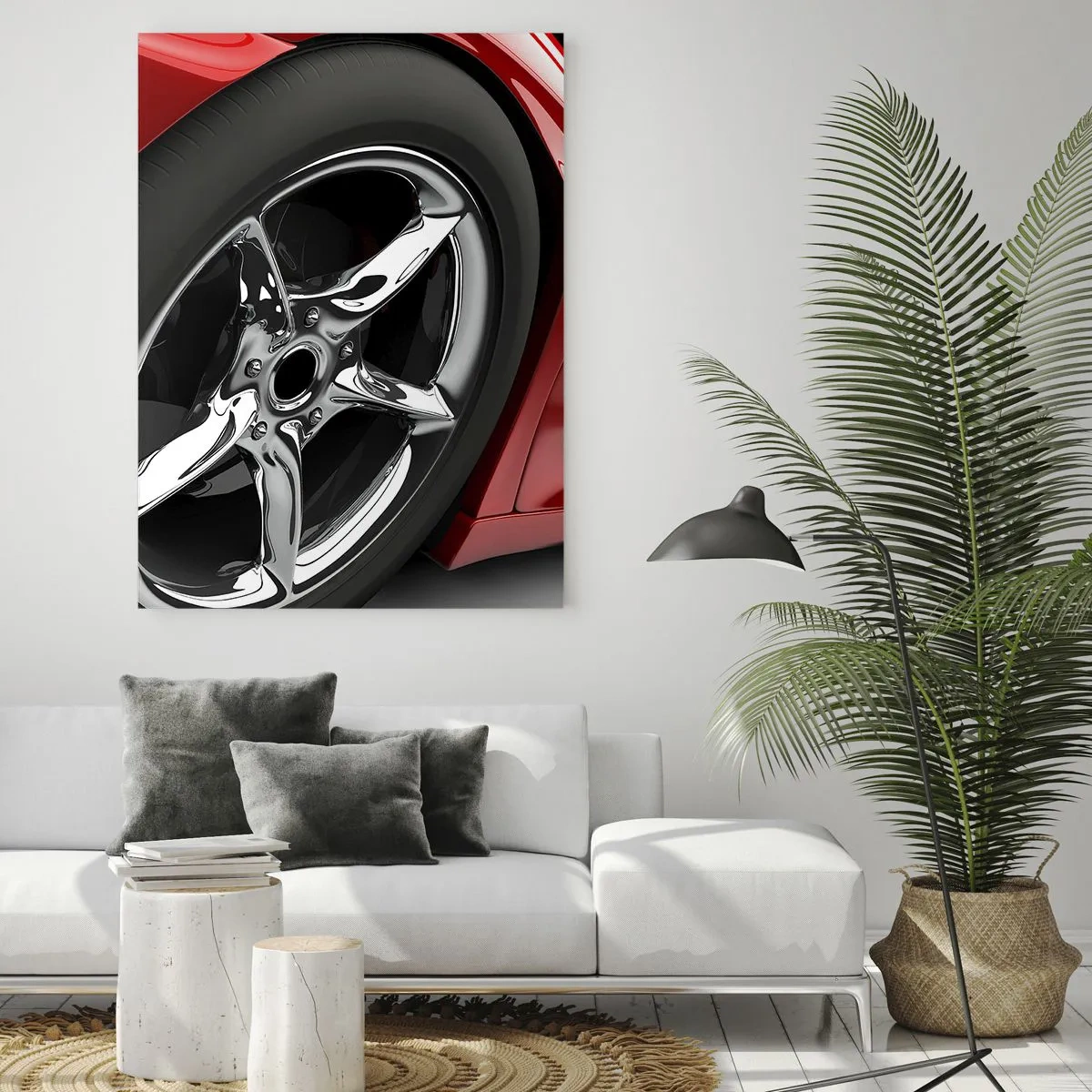 Quadro su vetro - Auto sportiva rossa con cerchi cromati - 70x100cm - Fatta per la velocità - Decorazione murale moderna per soggiorno e camera da letto ARTTOR