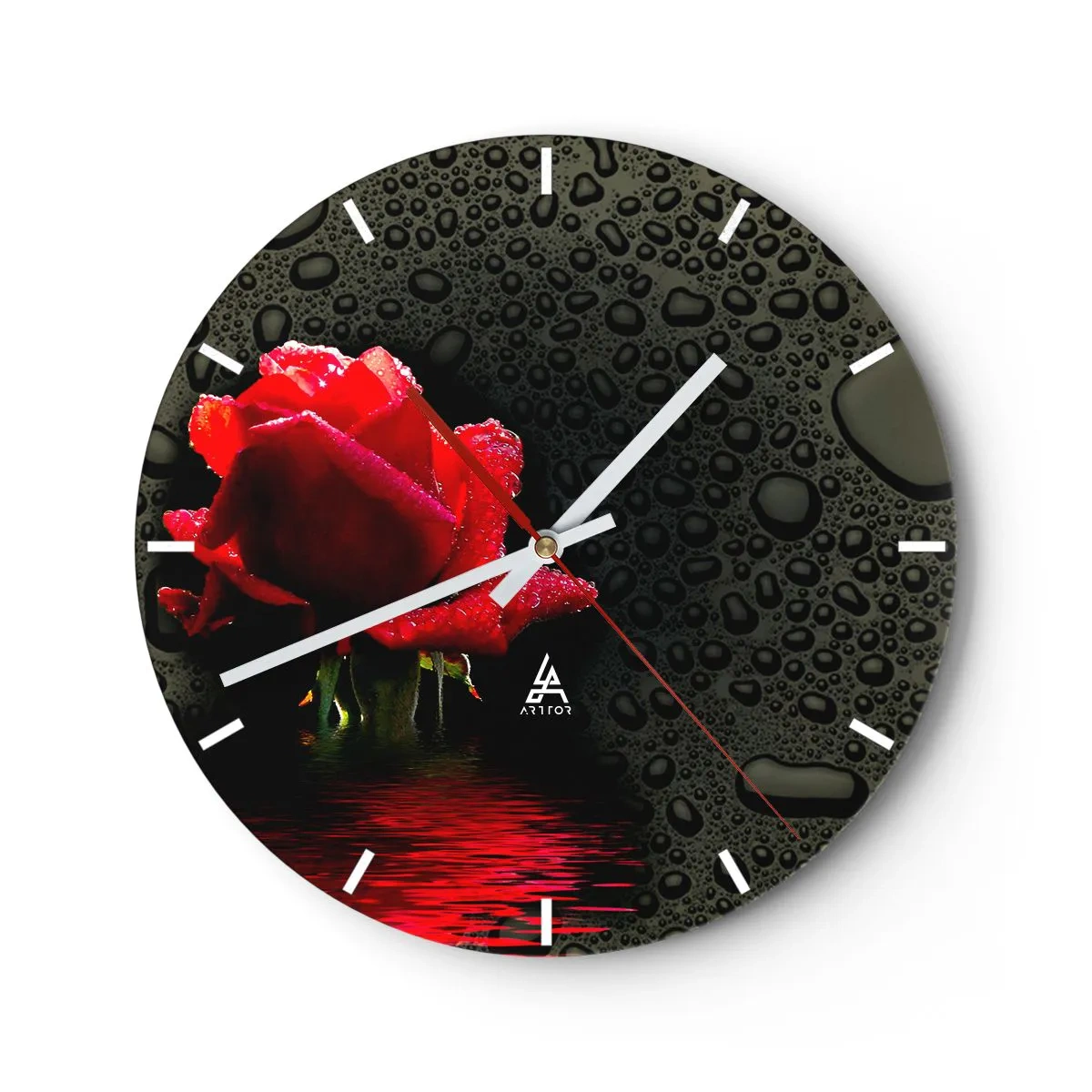 Orologio da parete - Orologio in Vetro - Rosa rossa con gocce d'acqua su sfondo nero - 30x30cm - Rosso e nero - Decorazione murale moderna per soggiorno, cucina e camera da letto ARTTOR