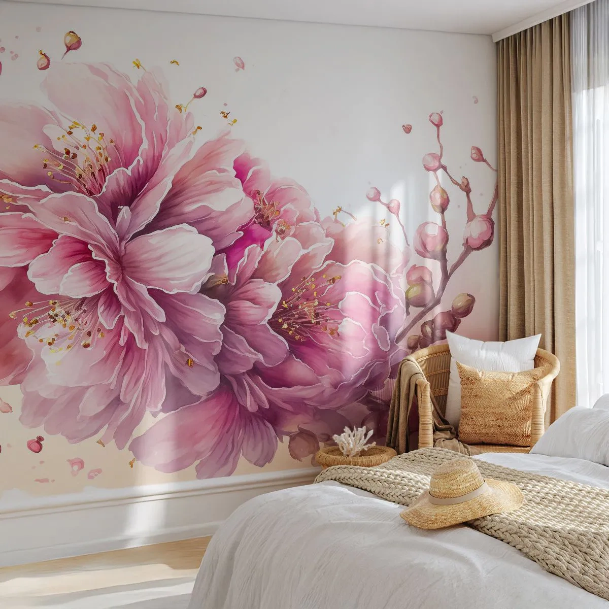 Fotomurali Premium Sand - Fiori di ciliegio rosa in piena fioritura su sfondo bianco - 100x70cm - Fiore di ciliegio - Decorazione murale moderna per soggiorno e camera da letto ARTTOR