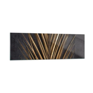 Quadro su vetro - Foglia tropicale dorata su sfondo nero - 160x50cm - L'oro dei tropici - Decorazione murale moderna per soggiorno e camera da letto ARTTOR