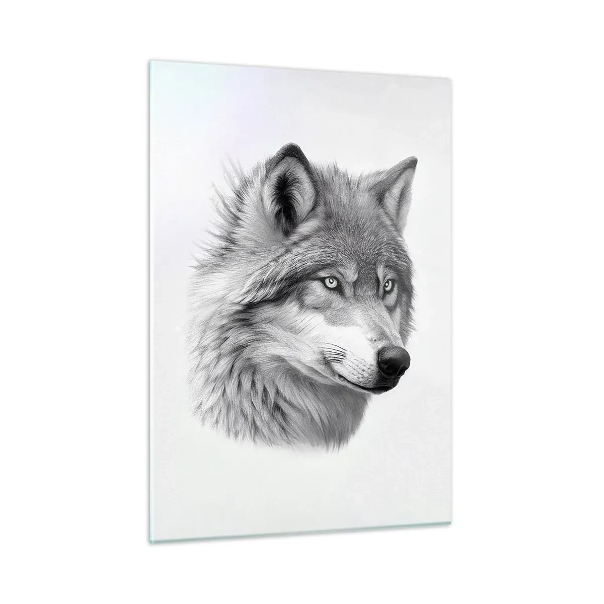 Quadro su vetro - Ritratto in bianco e nero di un lupo dallo sguardo penetrante - 50x70cm - Alfa, senza dubbio - Decorazione murale moderna per soggiorno e camera da letto ARTTOR