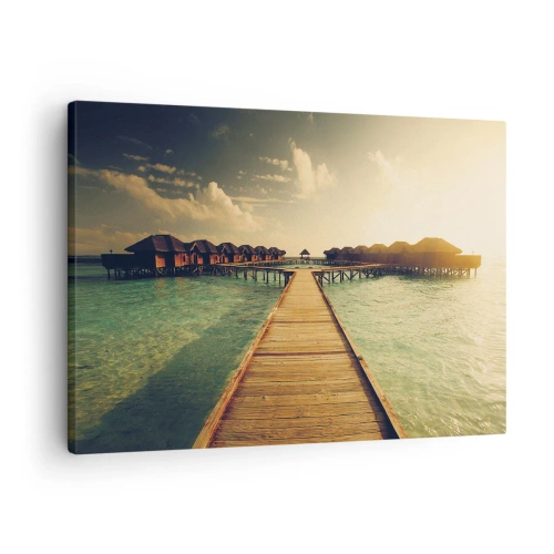 Quadro su tela - Stampe su Tela - Un molo di legno che conduce alle case sull'acqua, illuminate dai raggi del sole. - 70x50cm - Caldo invito - Decorazione murale moderna per soggiorno e camera da letto ARTTOR