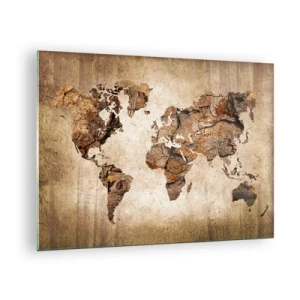 Quadro su vetro - Una mappa del mondo in tonalità marroni che imitano il legno - 70x50cm - Alla scoperta del mondo - Decorazione murale moderna per soggiorno e camera da letto ARTTOR
