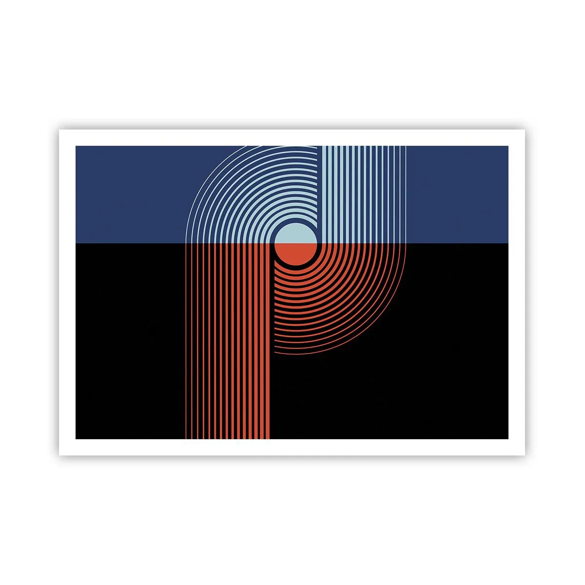Poster - Astrazione geometrica con linee blu navy e arancione. - 100x70cm - Nell'abbraccio geometrico - Decorazione murale moderna per soggiorno e camera da letto ARTTOR